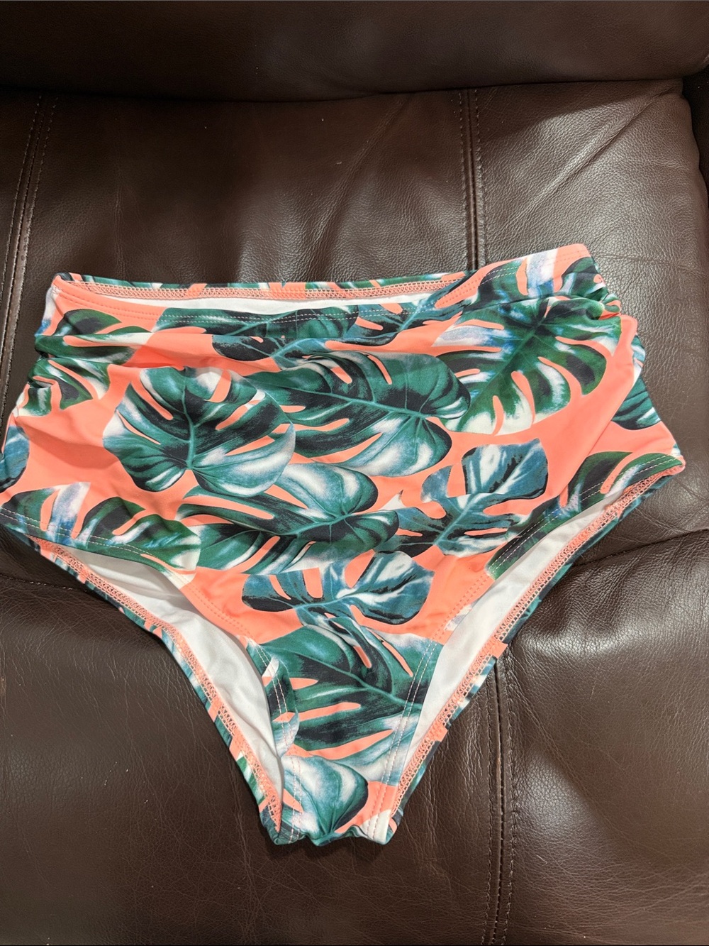 High-Waist Tropical Leaf Bikini Bottoms - Coral & Green